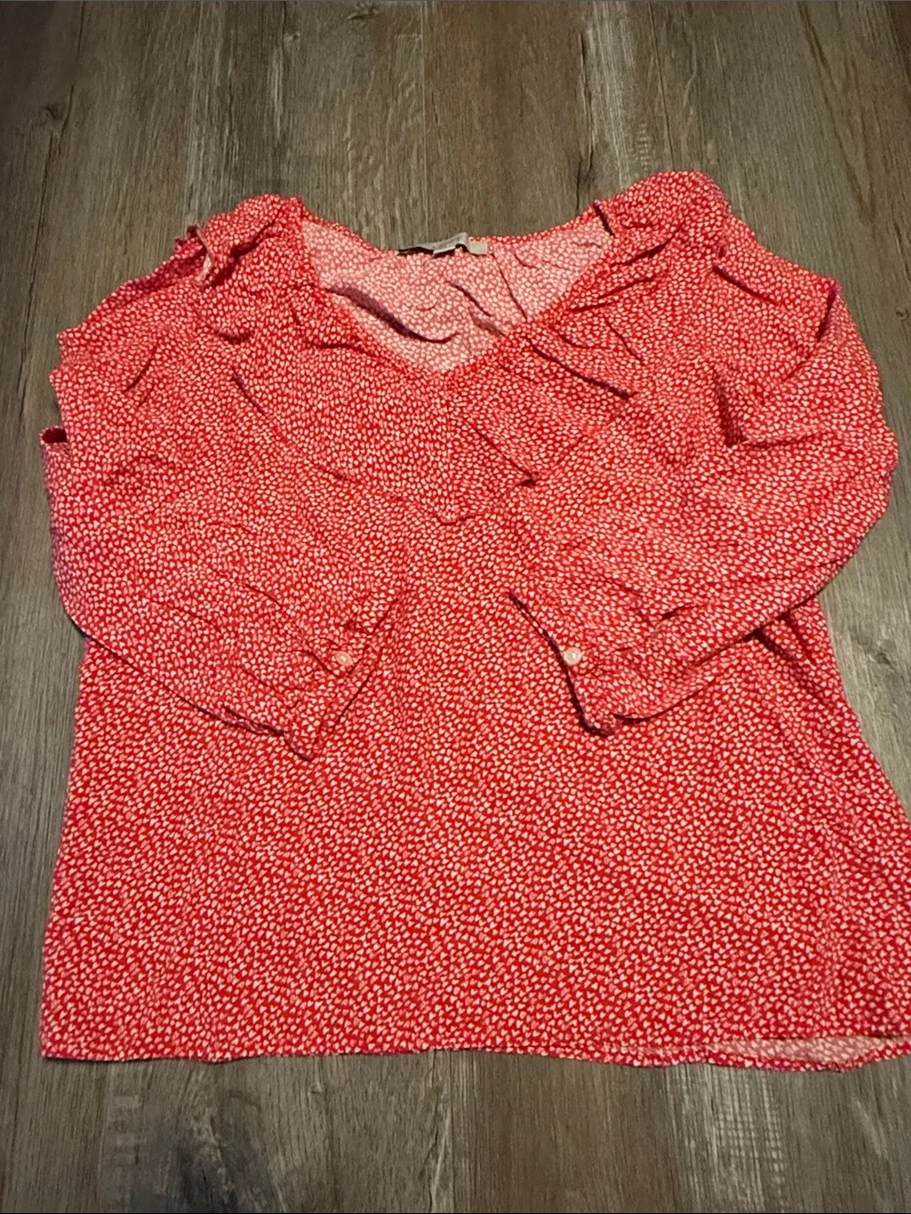 LOFT Coral Red Printed Ruffle V-Neck Blouse